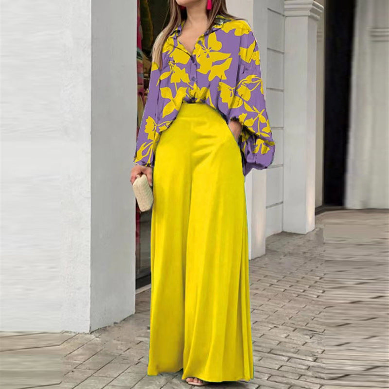 Flowers Print Suits Fashion Casual Button-up Long-sleeved Shirt And Wide-leg Pants Loose Beach Trousers Set