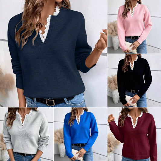 Elegant Casual V-neck Lace Commuting Thick Warm Sweater For Women Pullover Fashionable Solid Color Loose Sweater