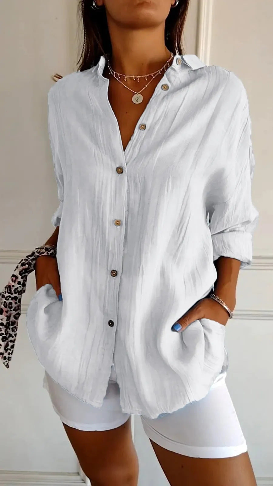Lapel Long Sleeve Shirt Women's Single-breasted Pleated Shirt Tops Clothing
